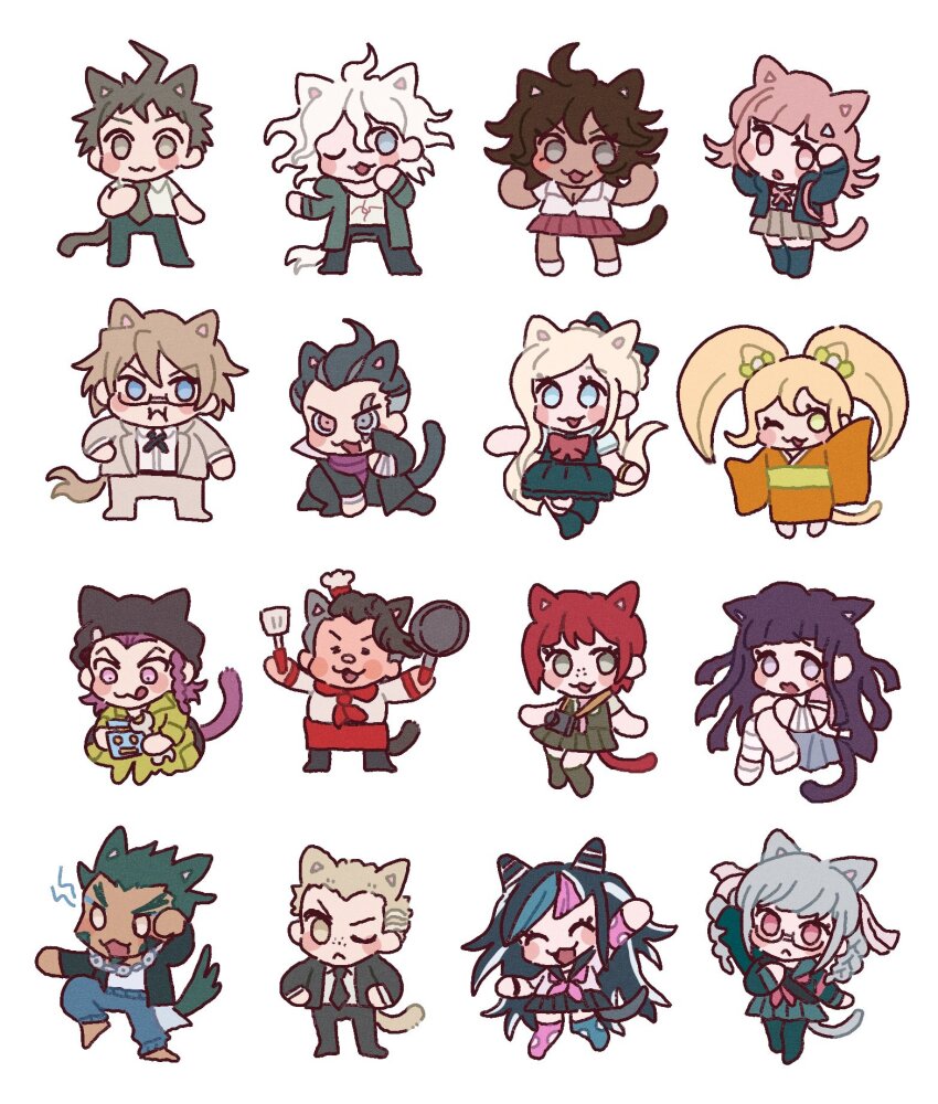 30en_(esx5g) 6+boys 6+girls ahoge animal_ears black_hair black_pants blonde_hair blue_hair blush_stickers braid brown_hair cat_boy cat_ears cat_girl cat_tail chef_hat danganronpa_(series) danganronpa_2:_goodbye_despair flipped_hair freckles glasses green_jacket green_necktie grey_hair hair_between_eyes hair_ornament hair_ribbon hanamura_teruteru hat highres hinata_hajime jacket koizumi_mahiru komaeda_nagito kuzuryu_fuyuhiko medium_hair miniskirt mioda_ibuki mole mole_under_eye multicolored_hair multiple_boys multiple_girls nanami_chiaki necktie nidai_nekomaru open_clothes open_jacket open_mouth owari_akane pants pekoyama_peko pink_hair print_shirt purple_hair red_skirt ribbon saionji_hiyoko shirt short_hair skirt soda_kazuichi sonia_nevermind tail tanaka_gundham togami_byakuya_(danganronpa_2) triangle_hair_ornament tsumiki_mikan twin_braids twintails two-tone_hair white_hair white_ribbon