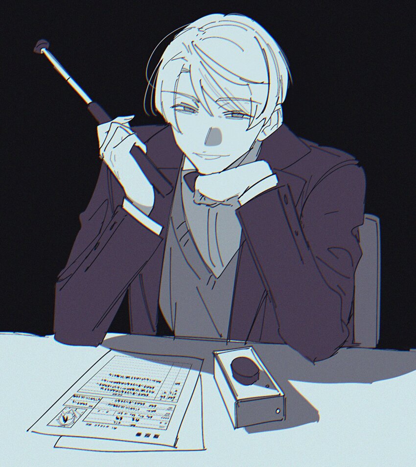 1boy alternate_form chair formal_clothes greyscale head_rest highres holding_baton_(weapon) mito_(commando_seagal) monochrome on_chair paperwork push-button short_hair sirei_(hundred_line) sitting solo squinting suit table the_hundred_line_-last_defense_academy-