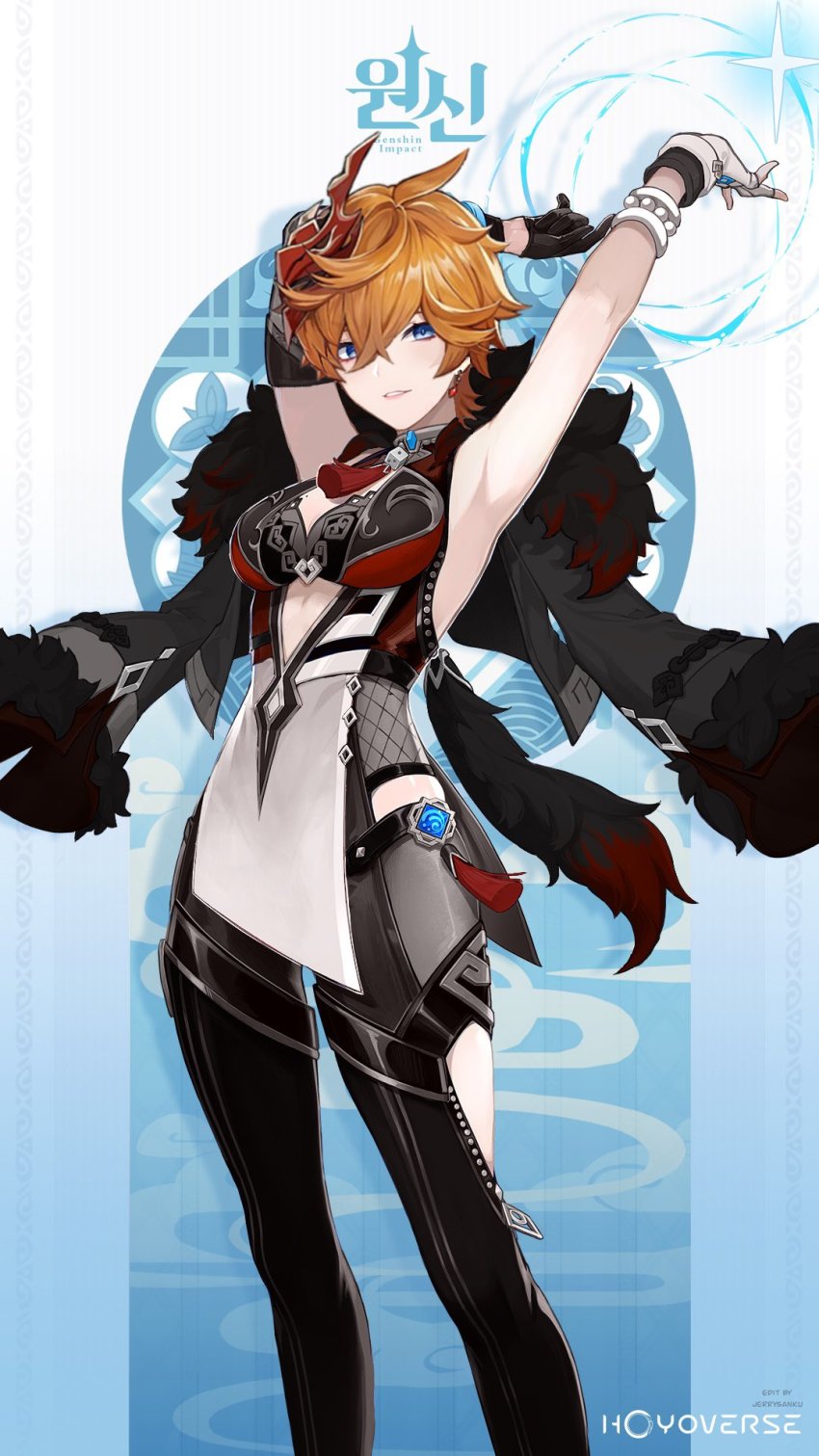 1girl alternate_color armpits arms_up asymmetrical_gloves bare_shoulders black_dress black_gloves black_jacket bracelet breasts clothing_request cosplay cropped_jacket detached_sleeves dkjr dress fishnets fur-trimmed_jacket fur-trimmed_sleeves fur_collar fur_trim genderswap genderswap_(mtf) genshin_impact gloves grey_dress highres jacket jacket_on_shoulders jewelry mask mask_on_head medium_breasts mismatched_gloves multicolored_dress official_style orange_hair parted_lips pelvic_curtain purple_eyes red_dress short_hair single_detached_sleeve standing tartaglia_(genshin_impact) tassel teeth white_dress white_gloves yelan_(genshin_impact) yelan_(genshin_impact)_(cosplay)