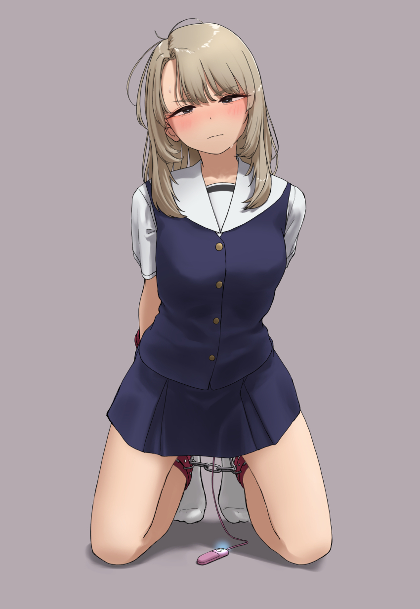 1girl arms_behind_back blonde_hair blush bound breasts collarbone cuffs dochi_(dosa_dosa_dosa) egg_vibrator grey_eyes handcuffs highres kneeling medium_breasts original pleated_skirt restrained sailor_collar sex_toy shackles skirt socks spread_legs sweatdrop vest vibrator white_socks
