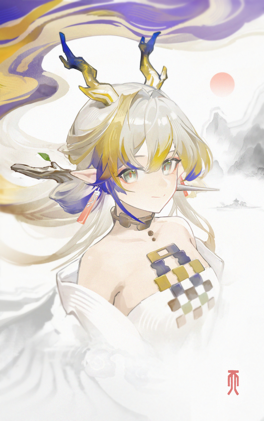 1girl absurdres arknights bilibili blonde_hair blue_hair choker dragon_girl dragon_horns dress grey_eyes grey_hair highres horns jacket long_hair looking_at_viewer mountain multicolored_hair pointy_ears shu_(arknights) solo sun upper_body white_dress white_jacket