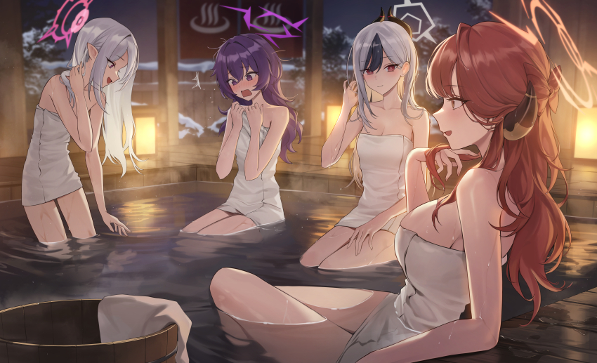 4girls absurdres aru_(blue_archive) bath bathing black_hair black_horns blue_archive blush breasts bucket cleavage closed_mouth commentary covering_privates demon_horns grey_halo hair_between_eyes hair_down halo haruka_(blue_archive) highres horns kayoko_(blue_archive) large_breasts long_hair looking_at_viewer multicolored_hair multiple_girls mutsuki_(blue_archive) naked_towel night okkimon onsen open_mouth outdoors partially_submerged pink_hair pointy_ears problem_solver_68_(blue_archive) purple_eyes purple_hair red_eyes red_halo same-sex_bathing shared_bathing steam towel two-tone_hair water wet white_hair wooden_bucket yellow_eyes