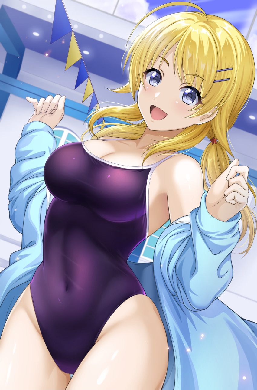 1girl absurdres ahoge blonde_hair blue_eyes blue_jacket blue_one-piece_swimsuit blush breasts cleavage covered_navel hachimiya_meguru hair_ornament hairclip highleg highleg_one-piece_swimsuit highres idolmaster idolmaster_shiny_colors jacket large_breasts long_hair looking_at_viewer low_twintails off_shoulder one-piece_swimsuit open_mouth shibata_rai smile solo swimsuit thighs twintails