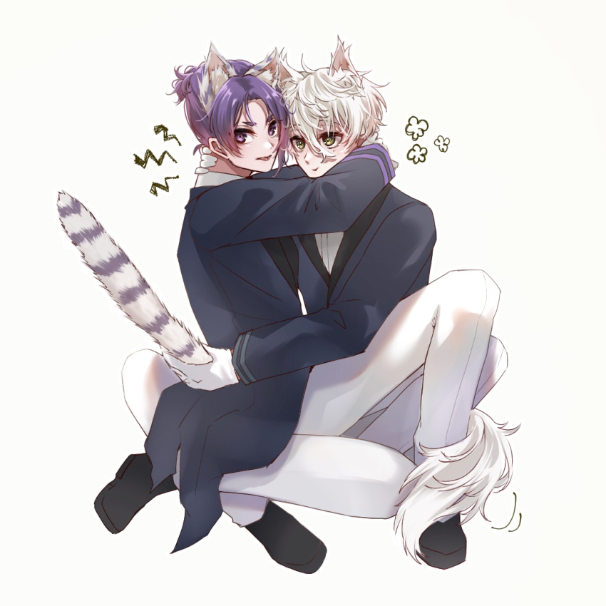 2boys animal_ears blue_lock cat_boy cat_ears cat_tail full_body long_sleeves looking_at_viewer male_focus mikage_reo motion_lines multiple_boys nagi_seishirou purple_hair short_hair tail v-shaped_eyebrows white_background white_hair yaoi yomogi_(user_rvdf7243)
