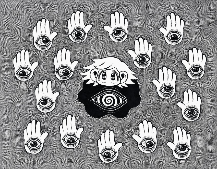 15ooo 1girl black_eyes eye_focus greyscale highres large_ears looking_at_viewer monochrome no_mouth no_nose original short_hair spiral surreal swept_bangs veins white_hair