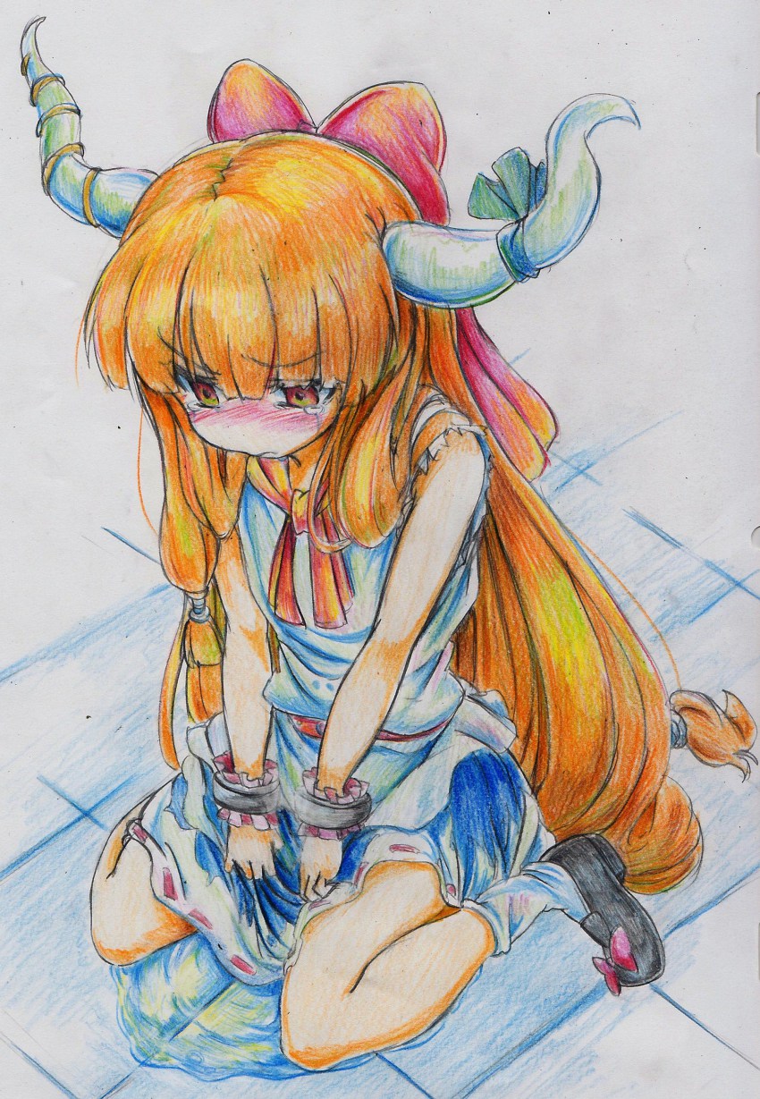 1girl absurdres bad_id bad_pixiv_id blush bow embarrassed female_focus full_body highres horns ibuki_suika kneeling long_hair low-tied_long_hair nichibotsu_(kitaziman) oni orange_hair pee peeing peeing_self red_eyes sitting solo tears tile_floor tiles touhou traditional traditional_media very_long_hair wrist_cuffs
