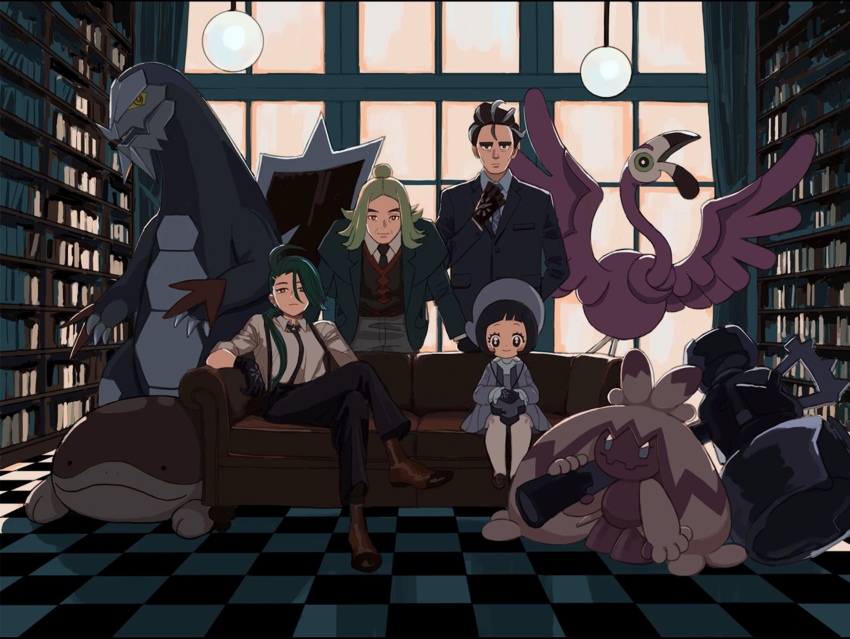 2boys 2girls baxcalibur black_gloves black_hair black_jacket black_necktie black_pants blonde_hair bookshelf brown_footwear checkered_floor clodsire collared_shirt commentary_request couch dress flamigo gloves green_hair hassel_(pokemon) highres hiroko_(czdx7223) indoors jacket larry_(pokemon) library long_hair multiple_boys multiple_girls necktie nintendo pants pantyhose parted_bangs pokemon pokemon_(creature) pokemon_sv poppy_(pokemon) rika_(pokemon) shirt shoes short_hair sitting suspenders tinkaton vest