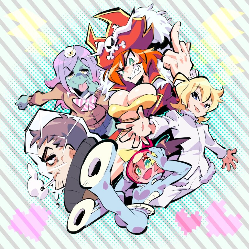 2boys 3girls alpha_omega_nova blonde_hair breasts huge_breasts keiji_(uchuu_patrol_luluco) lalaco_godspeed luluco middle_finger multiple_boys multiple_girls orange_hair pirate rafchu spacesuit uchuu_patrol_luluco