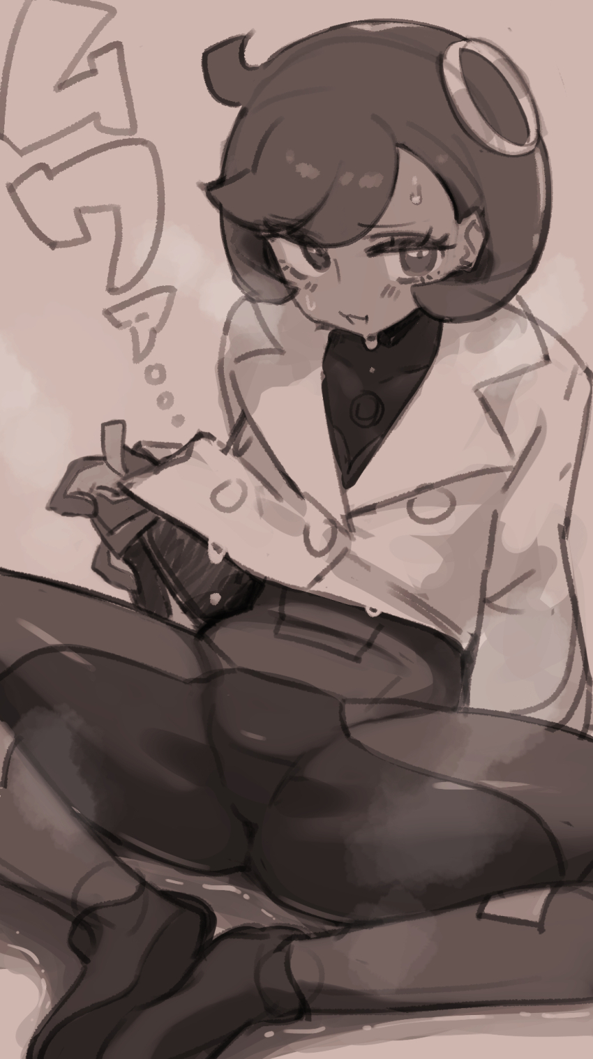 1girl :3 black_bodysuit black_hair blush bodysuit bodysuit_under_clothes commentary covered_collarbone dark-skinned_female dark_skin emma_(pokemon) gloves hair_between_eyes hair_ornament highres jacket jacket_tug kashu_(hizake) latex latex_bodysuit looking_at_viewer monochrome nintendo open_mouth pokemon pokemon_legends:_z-a saliva shoes short_hair sidelocks sitting sketch solo spread_legs steaming_body sweat swept_bangs translation_request wet