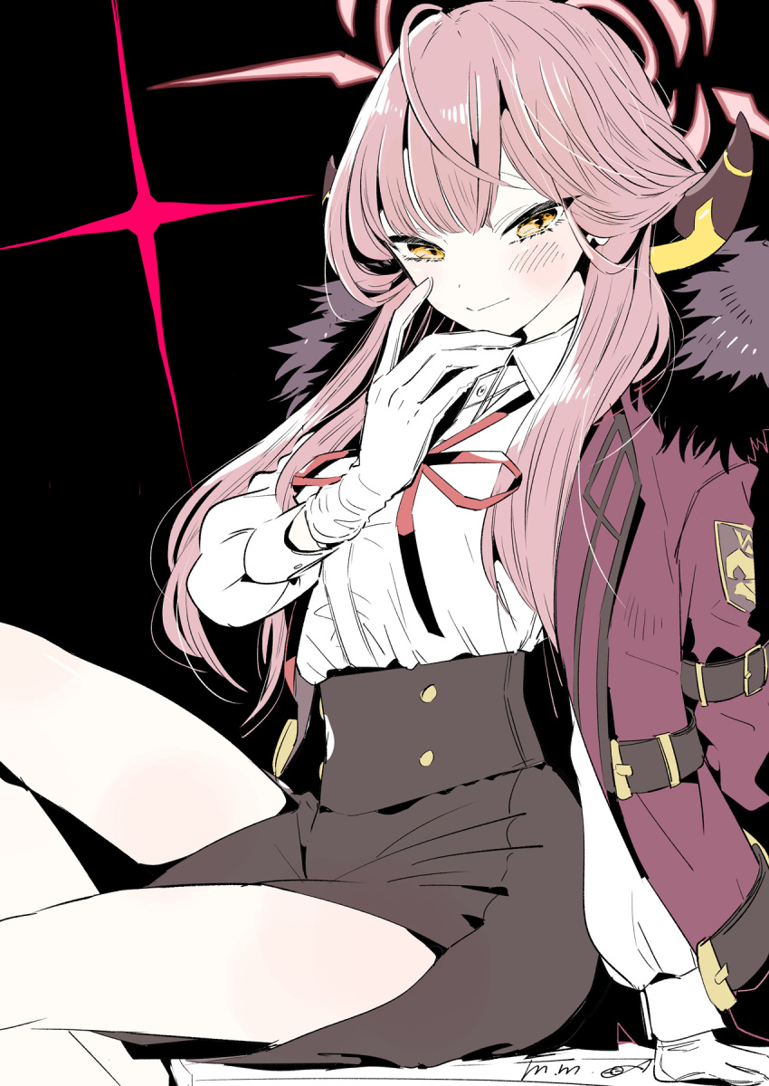 1girl aru_(blue_archive) black_skirt blue_archive blush coat coat_on_shoulders demon_horns fur-trimmed_coat fur_trim gloves halo high-waist_skirt highres horns long_hair long_sleeves looking_at_viewer low_horns miyahara_miyako pink_hair pink_halo red_coat skirt smile solo white_gloves