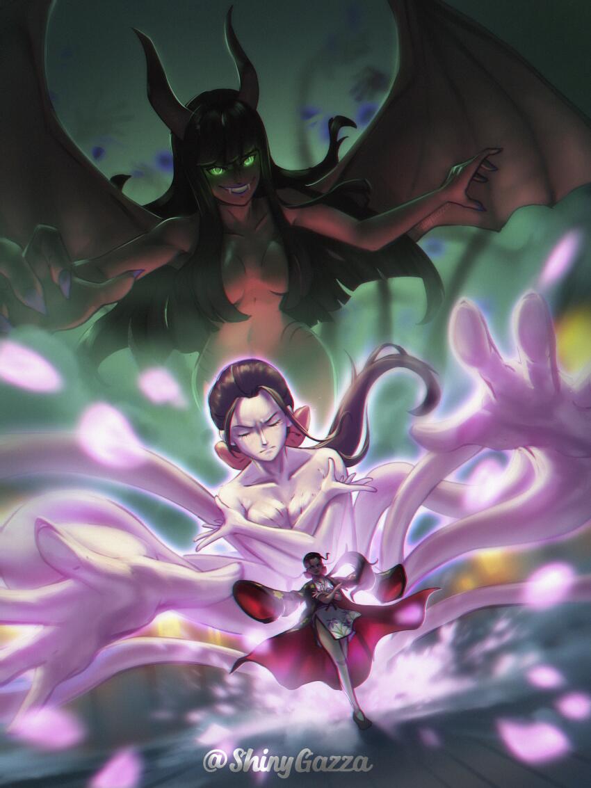 1girl absurdres bare_legs black_hair blunt_bangs bow clone closed_eyes closed_mouth demon_girl demonio_fleur extra_arms fangs floral_print floral_print_kimono full_body green_background green_eyes hair_bow hana_hana_no_mi haori highres horns instagram_username japanese_clothes kimono long_hair nico_robin nico_robin_(onigashima) one_piece petals ponytail print_kimono red_bow shinygazza short_kimono sidelocks sleeveless sleeveless_kimono smile solo twitter_username wings