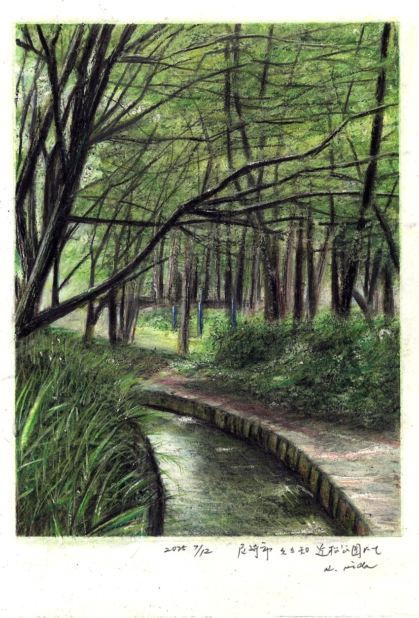 absurdres baden_hiroshi border colored_pencil_(medium) commentary_request dated day forest grass highres nature no_humans original outdoors park path road traditional_media translation_request tree white_border