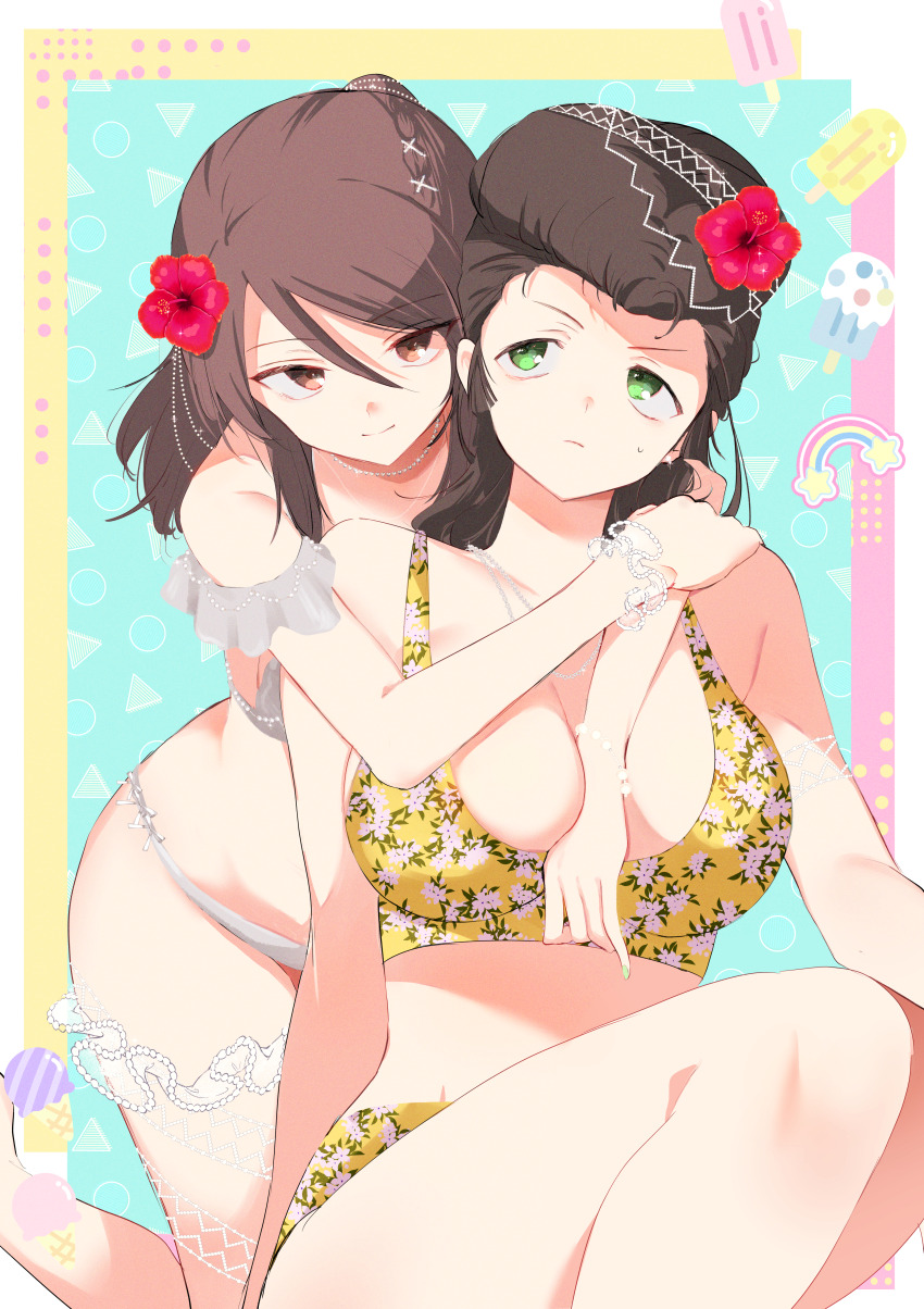 2girls absurdres bikini breasts brown_hair closed_mouth commentary_request emilio_(tetsukazu_no_ao) floral_print_bikini flower frown girls_und_panzer green_eyes hair_flower hair_ornament hibiscus highres hug hug_from_behind jewelry kneeling large_breasts long_hair looking_at_viewer mika_(girls_und_panzer) multiple_girls necklace no_headwear partial_commentary pompadour red_flower scrunchie sitting smile sweatdrop swimsuit thigh_scrunchie white_bikini wrist_scrunchie yellow_bikini yuri_(girls_und_panzer)