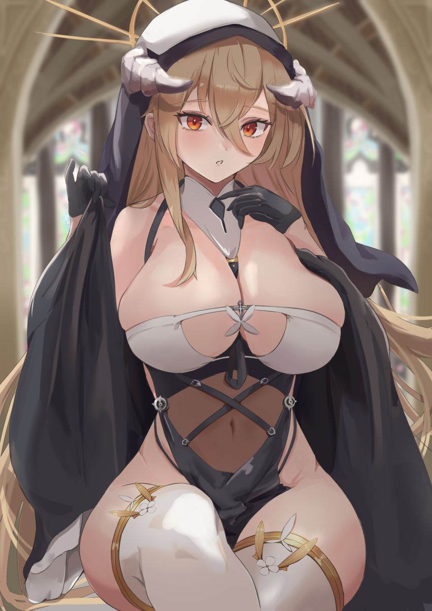 1girl absurdres azur_lane bare_shoulders black_gloves blonde_hair breast_cutout breasts cleavage covered_navel crossed_legs gloves habit hair_between_eyes half_gloves highres horns implacable_(azur_lane) large_breasts long_bangs long_hair looking_at_viewer nun pelvic_curtain red_eyes remapack77 revealing_clothes sitting solo thighhighs thighs veil white_horns white_thighhighs