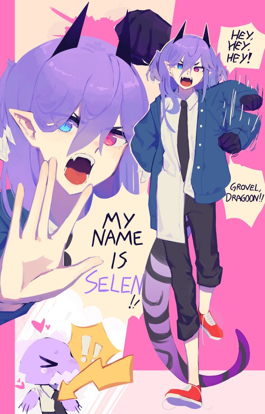 ! !! &gt;_&lt; 1girl absurdres arm_behind_back arrow_(symbol) black_necktie black_pants blue_eyes chainsaw_man clenched_hand collared_shirt cosplay creature denji_(chainsaw_man) denji_(chainsaw_man)_(cosplay) dragon dragon_tail dragoon_(selen_tatsuki) fangs hair_behind_ear highres horns jess_(p2eocene) multiple_views necktie nijisanji nijisanji_en open_hand open_mouth pants pointy_ears power_(chainsaw_man) power_(chainsaw_man)_(cosplay) purple_eyes purple_hair red_footwear selen_tatsuki shirt shoes sneakers tail virtual_youtuber white_shirt
