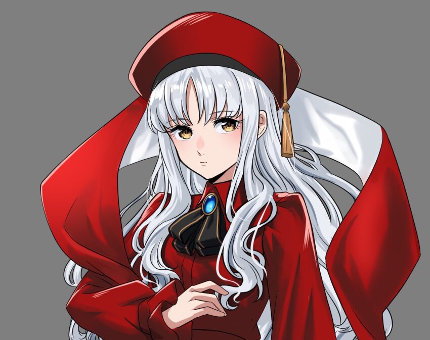 1girl applechoc black_ribbon brooch caren_hortensia caren_hortensia_(amor_caren) caren_hortensia_(amor_caren)_(second_ascension) closed_mouth dress fate/grand_order fate_(series) grey_background hat jewelry long_hair long_sleeves looking_at_viewer neck_ribbon red_dress red_hat ribbon simple_background solo white_hair yellow_eyes