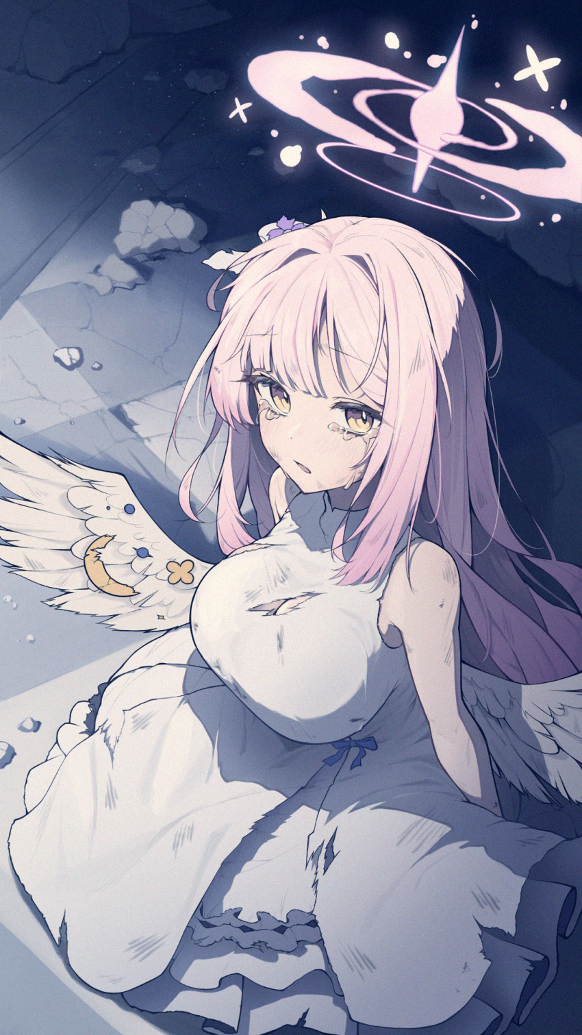 1girl angel_wings bare_arms bare_shoulders blue_archive breasts checkered_floor cleavage commentary crack cracked_floor crescent crying crying_with_eyes_open dress feathered_wings flower hair_bun hair_ribbon halo highres indoors injury jmeakat large_breasts long_hair looking_at_viewer low_wings mika_(blue_archive) open_mouth pink_flower pink_hair pink_halo ribbon sidelocks single_side_bun solo tearing_up tears tile_floor tiles torn_clothes torn_dress white_dress white_ribbon white_wings wings yellow_eyes