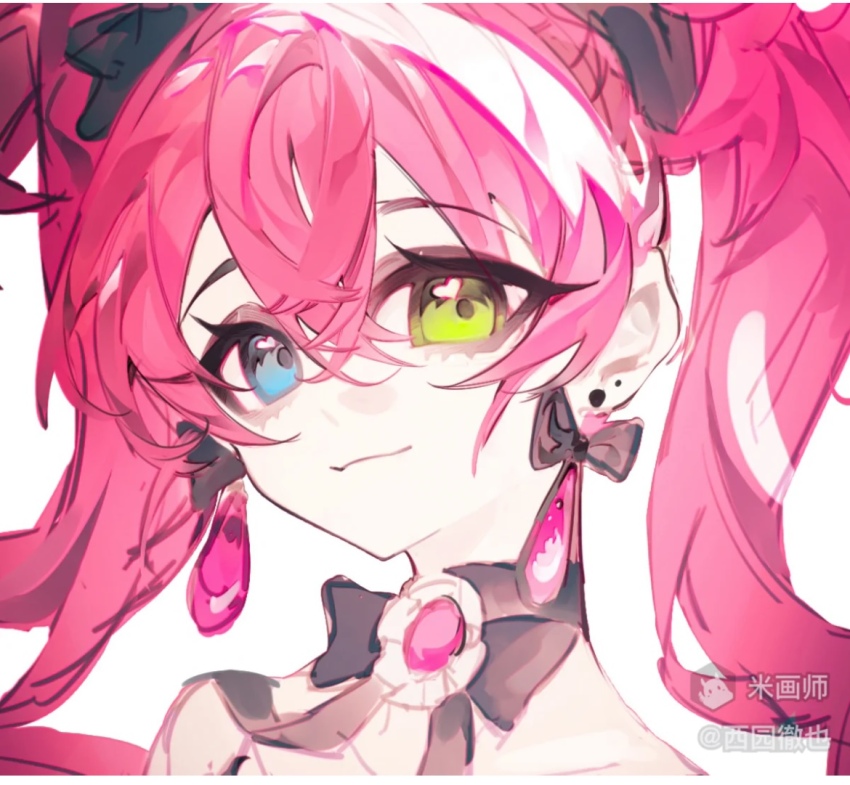 :3 bare_shoulders black_bow black_bowtie black_choker blue_eyes bow bow_choker bow_earrings bowtie choker chrisryciy closed_mouth collarbone commission crossed_beak earrings eyelashes eyeshadow green_eyes grey_eyeshadow hair_between_eyes hair_bow happy heterochromia jewelry long_hair looking_at_viewer makeup mascara mihuashi_username multicolored_hair original pink_brooch pink_hair second-party_source simple_background smile streaked_hair stud_earrings twintails watermark white_background white_hair