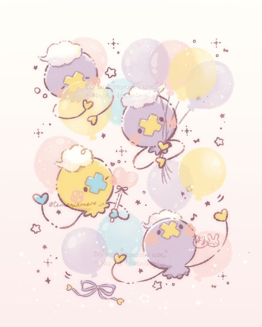 alternate_color balloon blush_stickers chibi chibi_only closed_eyes commentary_request drifloon floating game_freak gen_4_pokemon highres holding holding_balloon musical_note nintendo no_humans pokemon pokemon_(creature) ribbon shiny_and_normal shiny_pokemon signature solid_oval_eyes star_(symbol) temariame14 twitter_username watermark