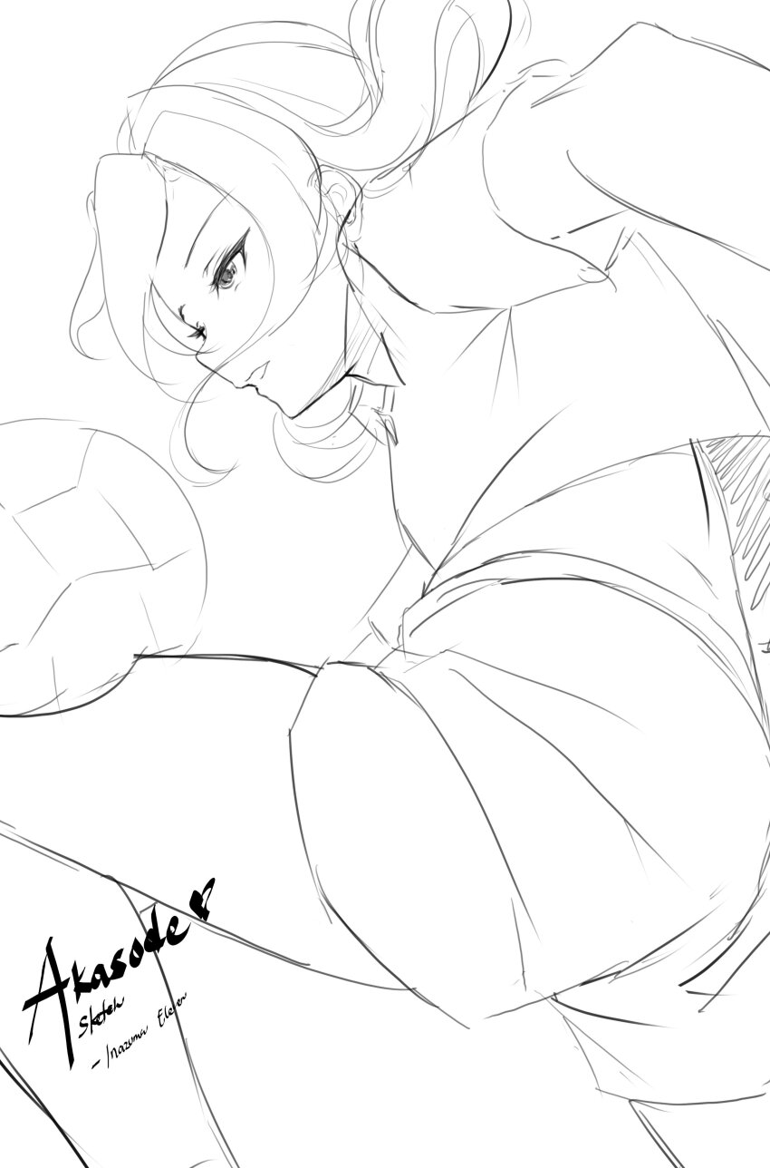 akasode_matsuri_(inazuma_eleven) ball character_name inazuma_(kancolle) inazuma_eleven_(series) inazuma_eleven_victory_road leg_up medium_hair o7fian parted_lips raimon raimon_soccer_uniform shirt shorts sidelocks sketch soccer_ball soccer_uniform sportswear unfinished