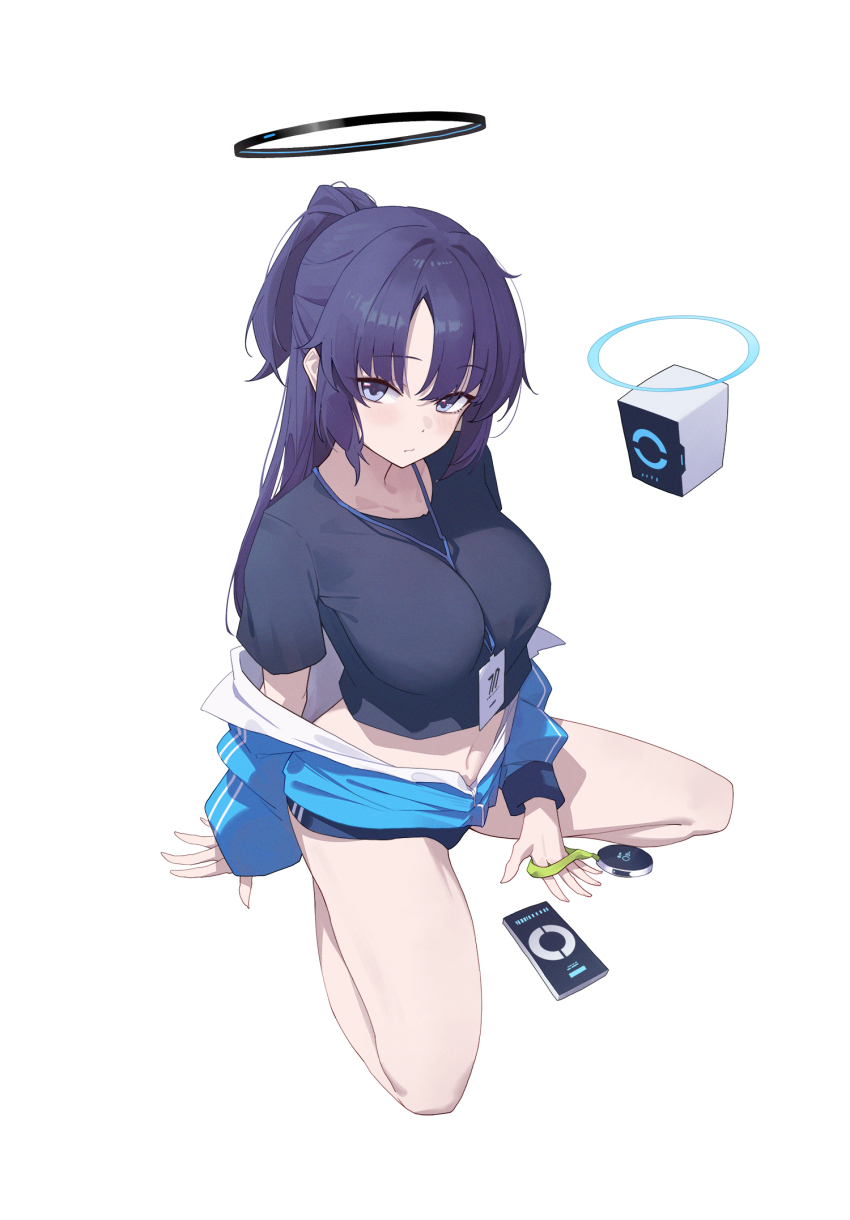 1girl black_shirt blue_archive blue_buruma blue_jacket blush breasts buruma cellphone half_updo halo highres id_card jacket lanyard long_hair long_sleeves looking_at_viewer medium_breasts midriff navel off_shoulder parted_bangs phone ponytail purple_eyes purple_hair shirt short_sleeves sidelocks solo squatting stopwatch sukaliya thighs track_jacket watch yuuka_(blue_archive) yuuka_(track)_(blue_archive)