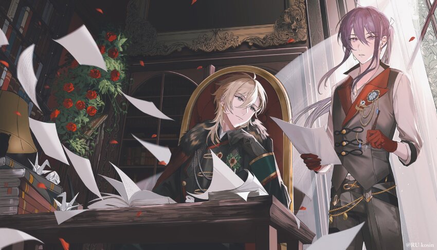 2boys belt bishounen black_belt black_gloves black_jacket black_pants black_vest blonde_hair blurry blurry_foreground book book_stack bookshelf buttons chain collared_shirt cowboy_shot curtains depth_of_field desk double-breasted double-parted_bangs earrings elbow_on_table ensemble_stars! falling_petals floating_hair flower flower_brooch flying_paper from_below gem gloves gold_chain grey_eyes hair_between_eyes hair_intakes hakaze_kaoru head_tilt highres holding holding_paper holding_pen indoors jacket jewelry kanzaki_souma lamp long_hair long_sleeves looking_at_another looking_at_viewer male_focus medium_hair motoyui multiple_boys necklace official_alternate_costume on_chair origami pankou pants paper paper_crane pen petals picture_frame ponytail purple_eyes purple_hair red_flower red_gemstone red_gloves red_petals red_rose rose rose_bush ru_kosin see-through_curtains shirt sidelocks sitting sleeves_rolled_up twitter_username vest white_shirt window wolf_cut