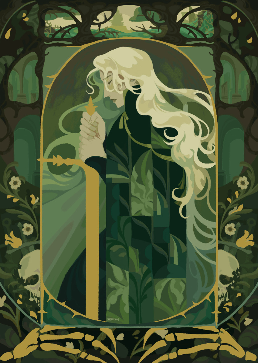 1girl abandoned absurdres blonde_hair bone broken_pillar closed_eyes disembodied_hand falling_petals flower forest gold gold_border gold_trim green_lips green_robe green_shirt green_theme head_down high_collar highres holding holding_sword holding_weapon layered_clothes light_frown long_hair long_sleeves mature_female muted_color nature original outdoors petals pillar plant print_cloak profile robe ruins shirt skeleton skull solo spearmintaii sword thorns tree vines wavy_hair weapon white_flower white_petals yellow_flower yellow_petals