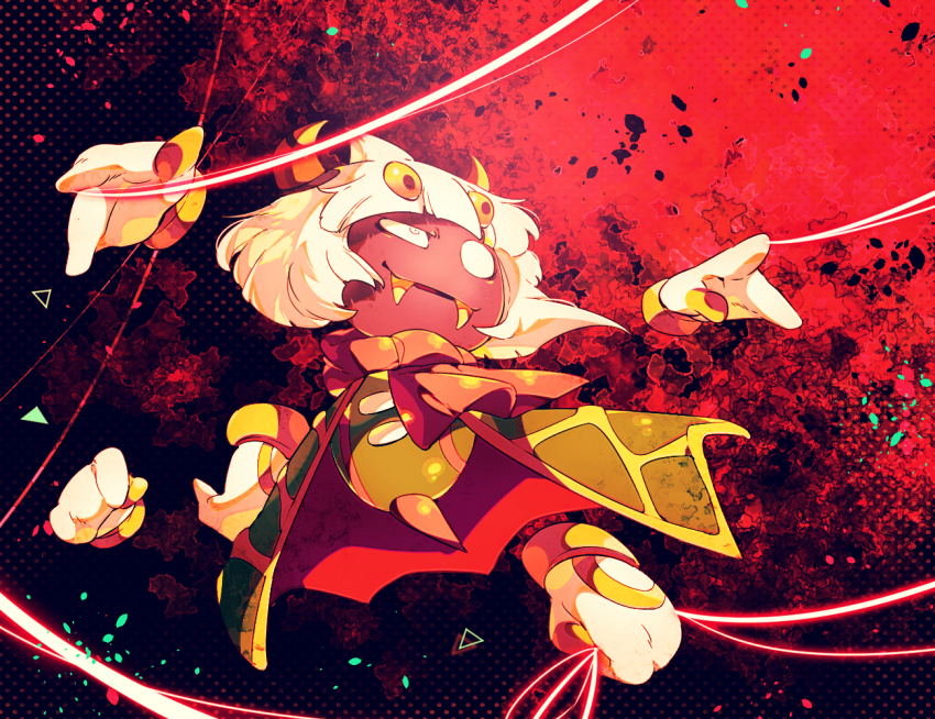 black_background blunt_bangs blunt_ends buttons cape commentary_request dark_skin extra_eyes extra_hands fangs fangs_out floating_clothes floating_hair gloves gradient_background green_cape green_vest holding holding_string horns kirby_(series) nintendo no_humans parted_lips petals puppet_strings rayman_limbs red_background red_cape red_scarf scarf shirushiki short_hair smile solo spider_web_print string taranza triangle two-sided_cape two-sided_fabric vest white_eyes white_gloves white_hair yellow_eyes yellow_horns