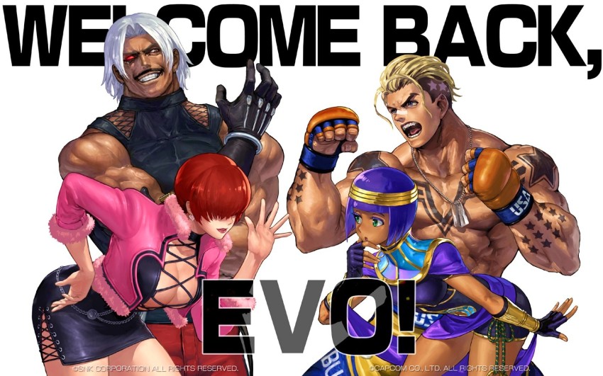 2boys 2girls black_dress blue_eyes breasts capcom cleavage covered_eyes dark_skin dog_tags dress evolution_championship_series facial_hair gloves green_eyes hair_over_eyes heterochromia highres jacket large_breasts luke_sullivan menat multiple_boys multiple_girls mustache official_art ogura_eisuke omega_rugal pink_jacket ponytail purple_hair red_hair shermie_(kof) short_hair sleeveless snk street_fighter street_fighter_v the_king_of_fighters the_king_of_fighters_xv topless_male white_hair