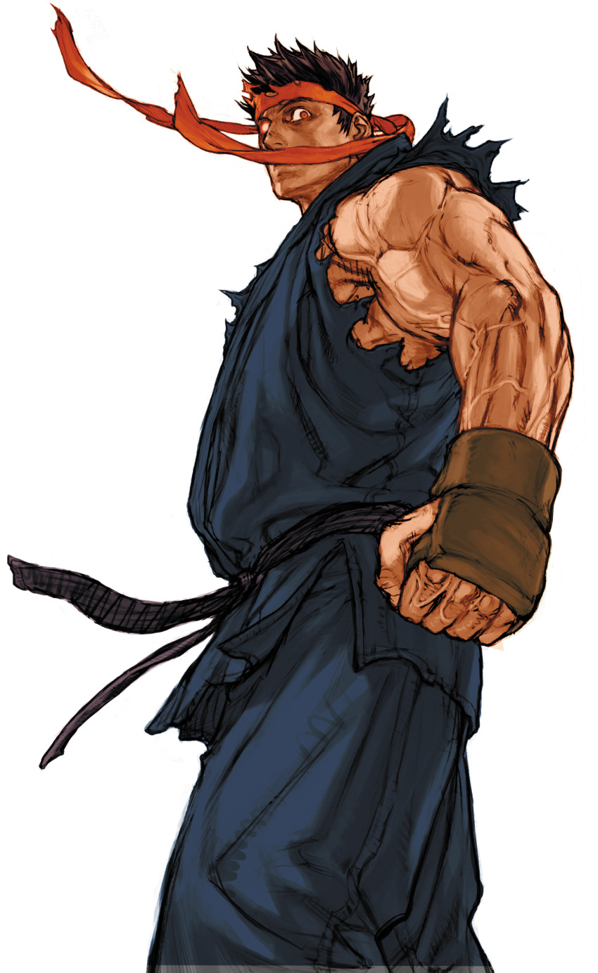 1boy black_hair capcom capcom_vs_snk_2 clenched_hand dark_persona dougi evil_ryu facing_to_the_side fingerless_gloves from_below game_cg gloves glowing glowing_eye hand_guard headband highres karate_gi looking_to_the_side male_focus martial_arts_belt mma_gloves muscular muscular_male nishimura_kinu non-web_source official_art red_eyes red_headband ryu_(street_fighter) short_hair simple_background solo street_fighter torn_clothes torn_sleeves veins veiny_arms white_background