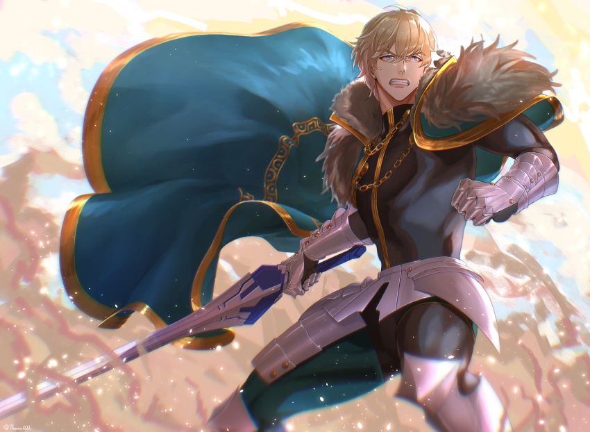 1boy 7luano022 armor black_gloves blonde_hair blue_cape blue_eyes cape collared_cape excalibur_galatine_(fate) eyebrows fate/extra fate/grand_order fate_(series) fur_collar gauntlets gawain_(fate) gloves highres holding holding_sword holding_weapon knight knights_of_the_round_table_(fate) long_sleeves male_focus short_hair solo sword weapon