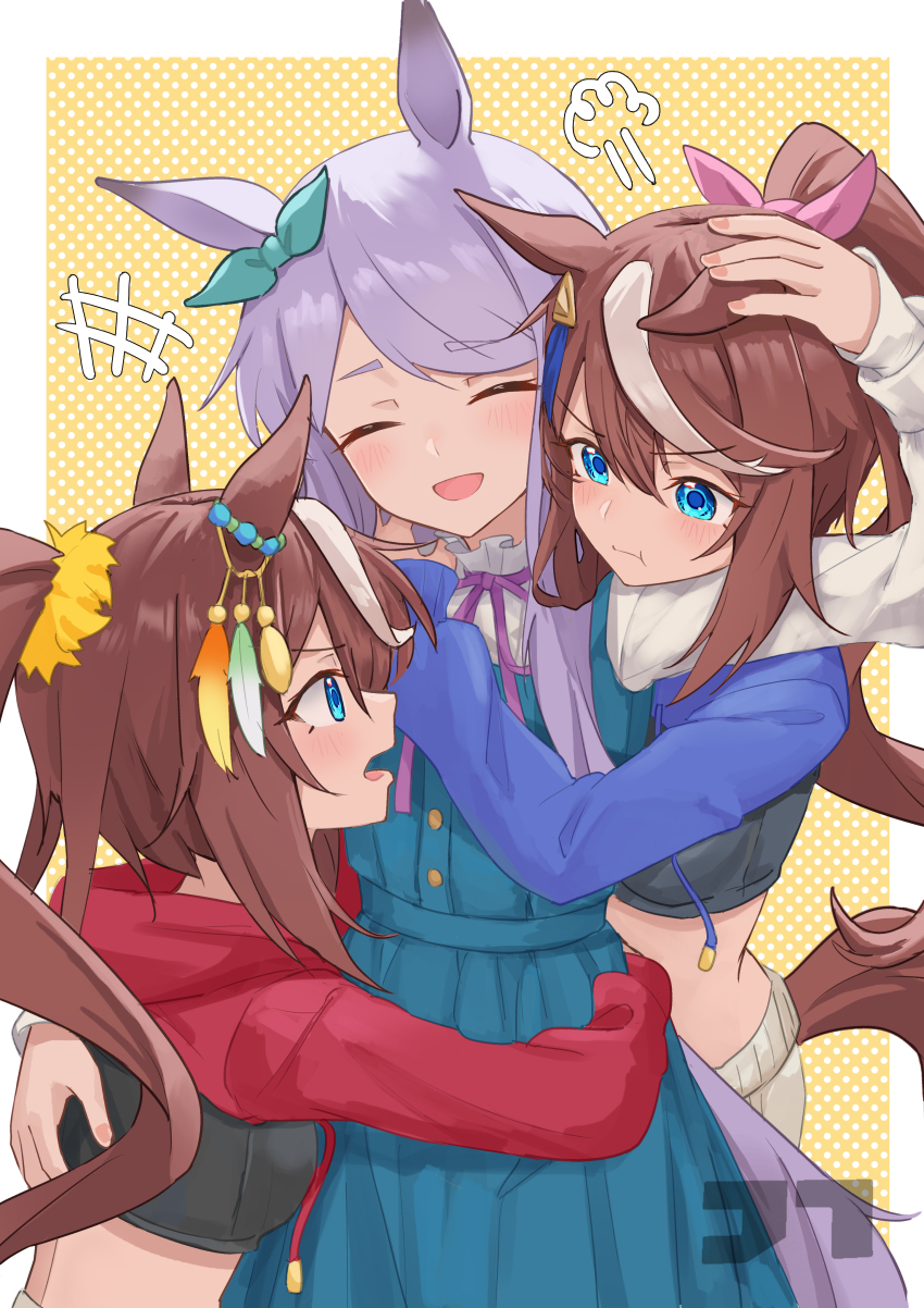 3girls absurdres animal_ears blue_dress blush brown_hair closed_eyes collar crop_top dress frilled_collar frills highres horse_ears horse_girl jtleeklm long_hair looking_at_another mejiro_mcqueen_(umamusume) midriff_peek multicolored_hair multiple_girls open_mouth ponytail purple_hair standing streaked_hair tokai_teio_(umamusume) umamusume very_long_hair white_hair