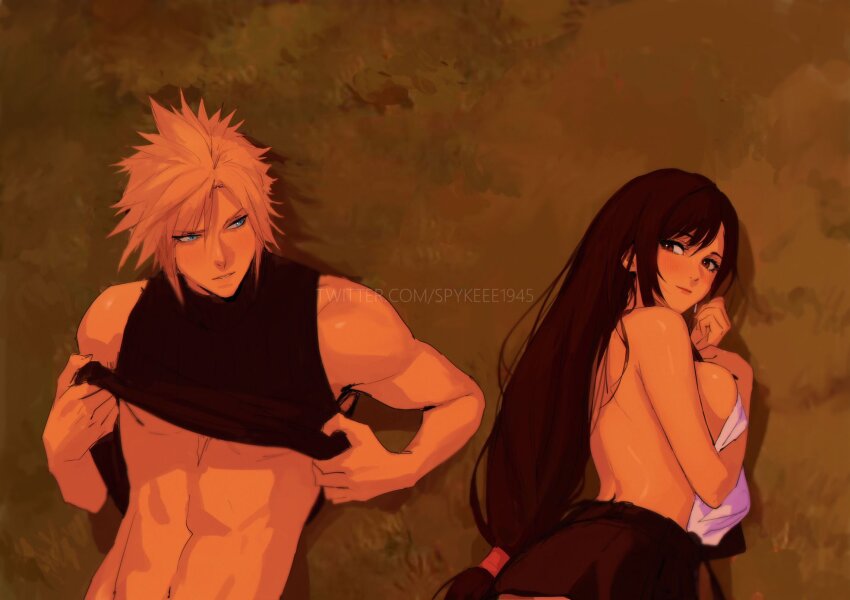 1boy 1girl abs bare_arms bare_shoulders black_hair black_skirt blonde_hair blue_eyes blush breasts closed_mouth cloud_strife commentary couple covering_breasts covering_privates dressing earrings english_commentary final_fantasy final_fantasy_vii final_fantasy_vii_rebirth final_fantasy_vii_remake from_above grass highres jewelry large_breasts light_smile lips long_hair looking_at_another low-tied_long_hair lying miniskirt on_back on_side outdoors parted_lips pink_lips red_eyes short_hair sideboob single_earring skirt sleeveless sleeveless_turtleneck spiked_hair spykeee stomach sweater swept_bangs tifa_lockhart toned toned_male topless_female turtleneck turtleneck_sweater twitter_username unworn_skirt upper_body