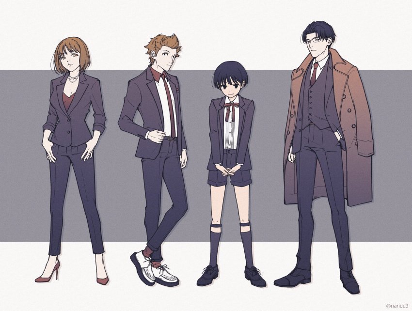 2boys 2girls arm_at_side black_footwear black_hair black_jacket black_pants black_socks black_vest bob_cut bow bowtie brown_coat brown_hair clothes_grab coat coat_on_shoulders collared_shirt crossed_legs dress_shirt formal_clothes fujimaru_nono full_body glasses hand_in_pocket hands_in_pockets high_heels highres jacket jewelry kneehighs legs_apart legwear_garter lineup long_sleeves multiple_boys multiple_girls naridc3 necklace necktie obishima_yukari own_hands_together pants parted_bangs red_bow red_bowtie red_footwear red_legwear red_necktie red_shirt shirt shoes short_hair sleeves_pushed_up smile socks standing stiletto_heels suit thumb_in_pocket tonooka_kazuto twitter_username vest white_footwear white_shirt world_trigger yuba_takuma