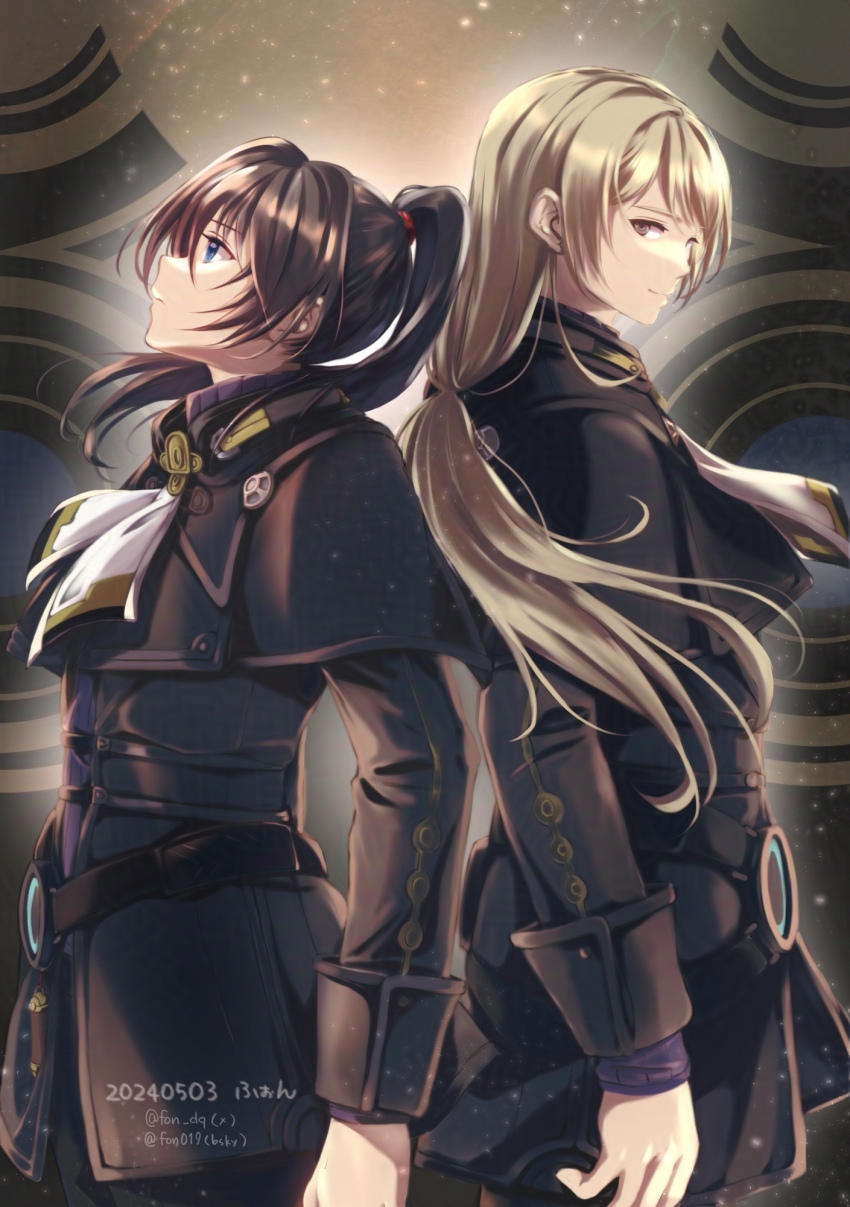 2boys back-to-back black_capelet black_coat black_hair blonde_hair blue_eyes bluesky_username capelet closed_mouth coat commentary_request crys_(xenoblade) dated fon_(fon_dq) high_ponytail highres long_hair looking_at_viewer looking_up low_ponytail male_focus multiple_boys noah_(xenoblade) ponytail smile standing twitter_username xenoblade_chronicles_(series) xenoblade_chronicles_3