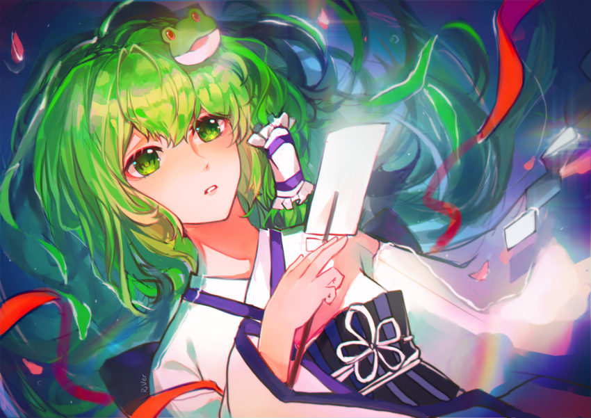 1girl absurdres adapted_costume commentary_request frilled_hair_tubes frills frog_hair_ornament gohei green_eyes green_hair hair_ornament hair_tubes highres holding holding_gohei in_water japanese_clothes kimono kochiya_sanae long_hair long_sleeves looking_ahead lying nontraditional_miko obi on_back parted_lips red_petals red_ribbon ribbon rivergod sash shide signature single_hair_tube solo striped_sash touhou upper_body water wide_sleeves