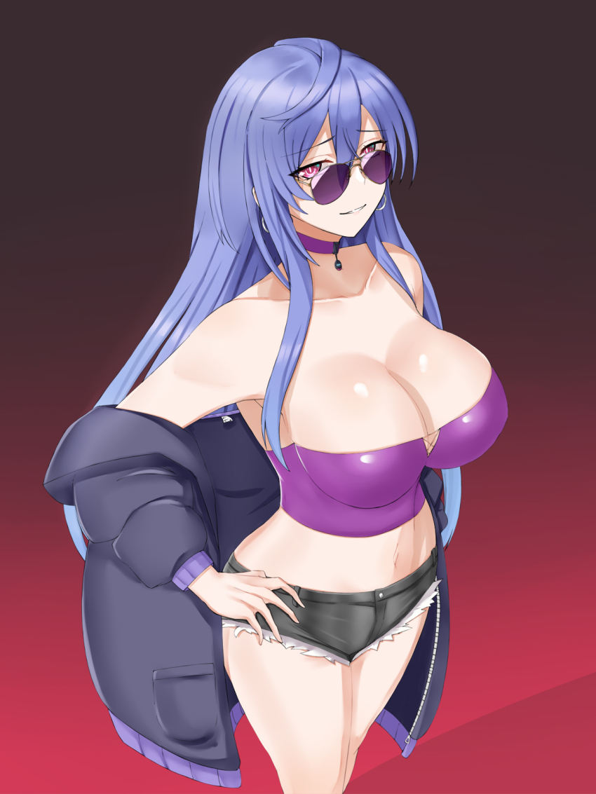 1girl blush breasts choker crop_top denim denim_shorts earrings hair_between_eyes hands_on_own_hips highres iris_heart jacket jewelry kami_jigen_game_neptune_v large_breasts long_hair looking_at_viewer neptune_(series) paid_reward_available pink_eyes power_symbol power_symbol-shaped_pupils purple-tinted_eyewear purple_hair shorts solo sunglasses symbol-shaped_pupils tinted_eyewear zatsu