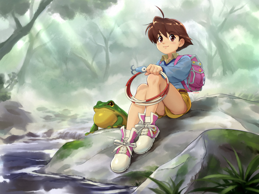 1girl ahoge animal artist_name backpack bag belt blue_jacket blush brown_belt brown_eyes brown_hair brown_shirt closed_mouth collared_shirt commentary day english_commentary fish_hook fishing_line fishing_lure frog full_body hair_between_eyes highres holding jacket light_rays looking_at_viewer moss outdoors pink_bag pink_shoes plant rock shirt shoelaces shoes short_hair shorts signature sitting smile sneakers solo stream stup-jam sunbeam sunlight tree umihara_kawase umihara_kawase_(character) water yellow_shorts