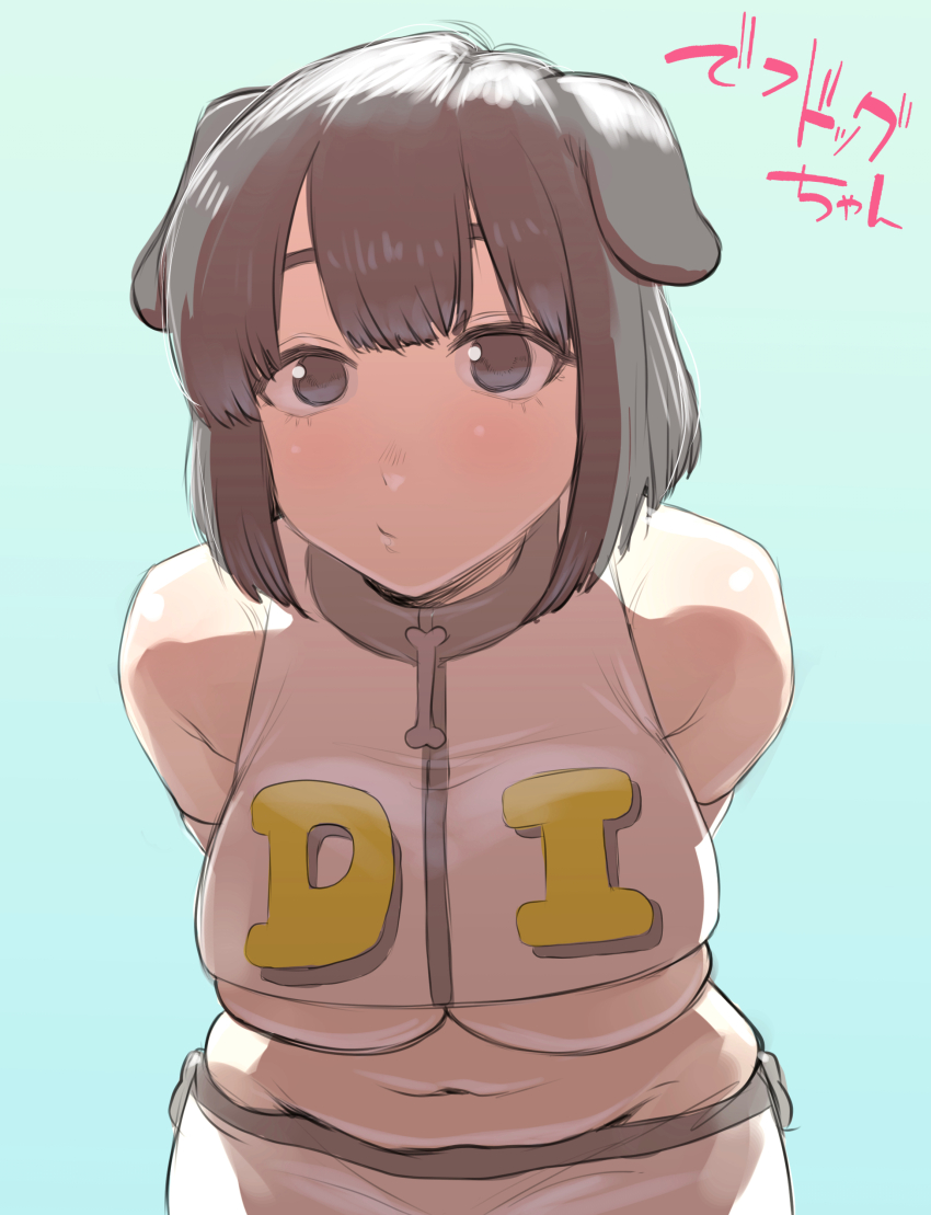 1girl :/ absurdres animal_ears arms_behind_back belly borrowed_character breasts brown_eyes brown_hair commentary_request crop_top crop_top_overhang dog_ears eyebrows_hidden_by_hair highres hug koma_neko medium_hair muffin_top original skirt solo translated underboob white_skirt