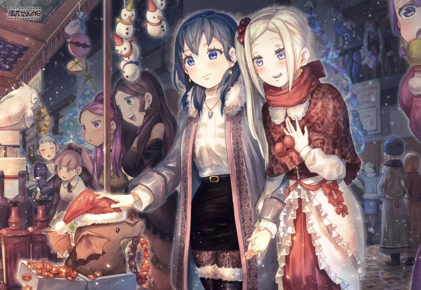 annette_fantine_dominic bernadetta_von_varley bernadetta_von_varley_(timeskip) bird blonde_hair blue_eyes blue_hair blush braid breasts brown_hair female_byleth_(fire_emblem) cape christmas closed_mouth coat couple crown_braid dorothea_arnault dorothea_arnault_(timeskip) dress edelgard_von_hresvelg edelgard_von_hresvelg_(timeskip) feh_(fire_emblem_heroes) fire_emblem fire_emblem:_three_houses fire_emblem_heroes full_body fur_trim gloves hair_ornament hair_ribbon hat highres hilda_valentine_goneril hilda_valentine_goneril_(timeskip) holding_hands ingrid_brandl_galatea ingrid_brandl_galatea_(timeskip) jacket jewelry korokoro_daigorou leonie_pinelli long_hair long_sleeves low_ponytail lysithea_von_ordelia marianne_von_edmund marianne_von_edmund_(timeskip) mercedes_von_martritz miniskirt multiple_girls nintendo open_mouth owl petra_macneary petra_macneary_(timeskip) pink_hair ponytail purple_eyes red_cape ribbon ring santa_hat scarf short_hair skirt smile snow tattoo thighhighs toy twintails wavy_hair white_hair wife_and_wife yuri