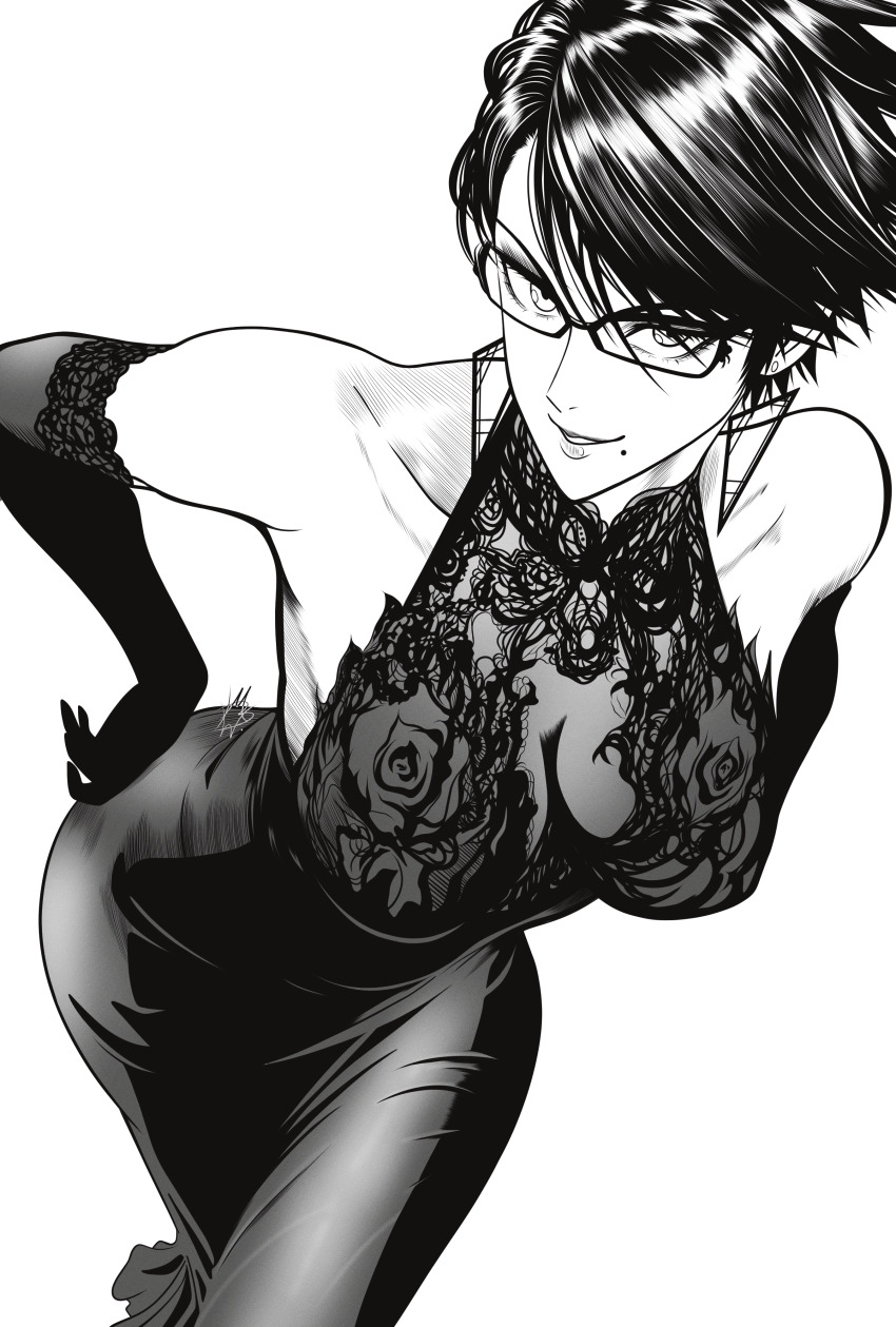 1girl absurdres bare_shoulders bayonetta bayonetta_(series) bayonetta_2 breasts commentary dress earrings elbow_gloves english_commentary glasses gloves greyscale highres jewelry large_breasts looking_at_viewer mole mole_under_mouth monochrome mostlybluewyatt parted_lips rectangular_eyewear short_hair smile solo
