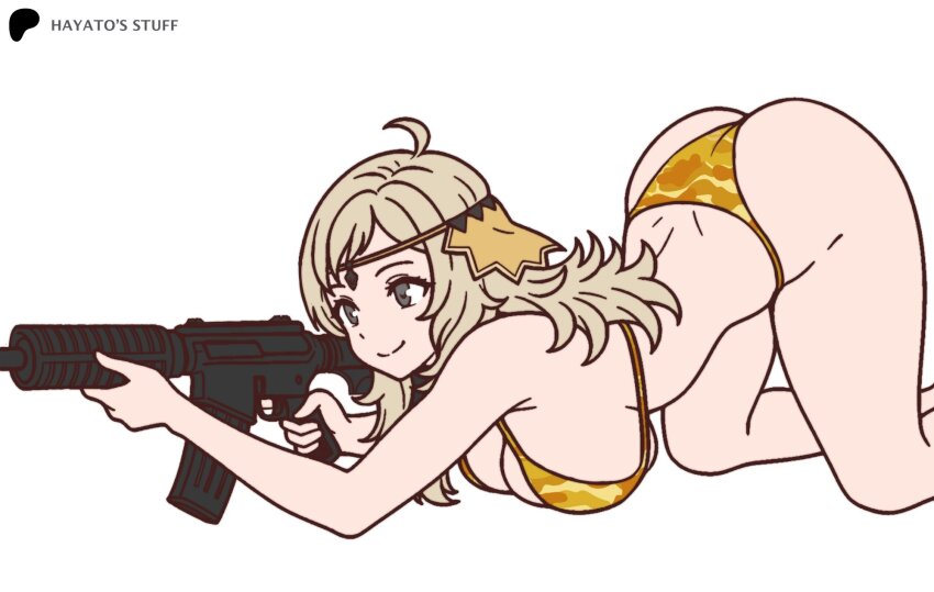 1girl ahoge alternate_costume ass bikini blonde_hair breast_press breasts camouflage camouflage_bikini circlet cleavage closed_mouth fire_emblem fire_emblem_fates grey_hair gun hayato_stuff highres large_breasts machine_gun nintendo ophelia_(fire_emblem) sideboob smile swimsuit underboob weapon yellow_bikini