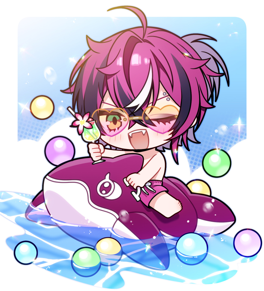 1boy ahoge barefoot blush border chibi cloud commentary cup doppio_dropscythe drinking_straw eyebrow_piercing eyes_visible_through_eyewear fangs flower green_eyes halftone heart heart-shaped_eyewear highres holding holding_cup inflatable_toy inflatable_whale male_focus male_swimwear male_underwear multicolored_hair nijisanji nijisanji_en one_eye_closed open_mouth piercing pink_flower ponytail purple_hair purple_male_underwear shinoda_mame short_ponytail streaked_hair swim_trunks symbol-only_commentary teeth topless_male tropical_drink underwear upper_teeth_only virtual_youtuber water white_border