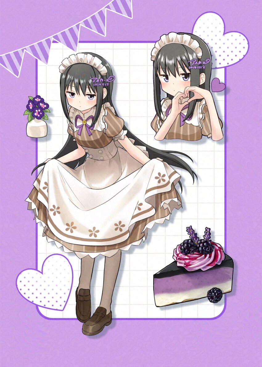 1girl akemi_homura alternate_costume apron asukaru_(magika_ru) black_hair blush border brown_dress brown_shoes cake cake_slice closed_mouth commentary cropped_torso dated dress drop_shadow enmaided food full_body grey_pantyhose grid_background heart heart_hands highres loafers long_hair looking_at_viewer mahou_shoujo_madoka_magica maid maid_headdress multiple_views neck_ribbon outside_border pantyhose purple_border purple_eyes purple_ribbon recompense_maid_uniform ribbon shoes short_sleeves sidelocks signature skirt_hold standing white_apron white_background