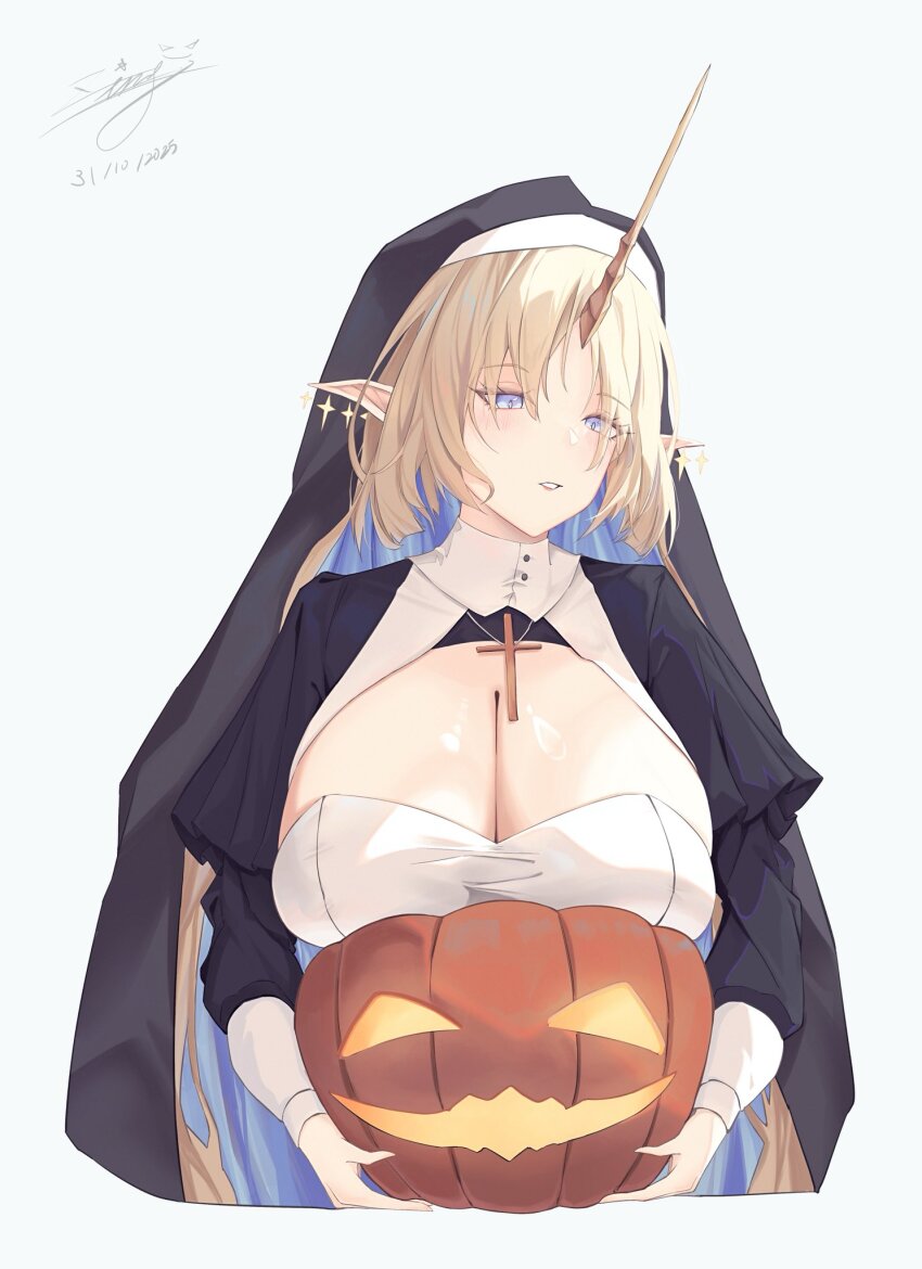 1girl alternate_costume black_veil blonde_hair blue_eyes blue_hair breasts cleavage colored_inner_hair commentary dated english_commentary fleurdelys_(wuthering_waves) highres holding holding_pumpkin horns huge_breasts jack-o&#039;-lantern long_hair long_horns multicolored_hair nun parted_lips pumpkin signature single_horn solo veil wuthering_waves yellow_horns zing_(zingart)