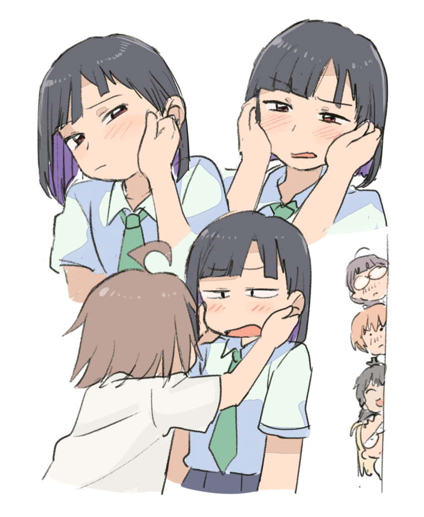 6+girls ^_^ ahoge around_corner black_hair blush brown_eyes brown_hair closed_eyes do_it_yourself!! glasses green_necktie hands_on_another&#039;s_cheeks hands_on_another&#039;s_face highres hikage_takumi juliet_queen_elizabeth_viii kouki_kokoro looking_at_another multiple_girls multiple_views necktie open_mouth school_uniform shirt short_hair simple_background suride_miku tsubobot white_background white_shirt yasaku_rei yua_serufu