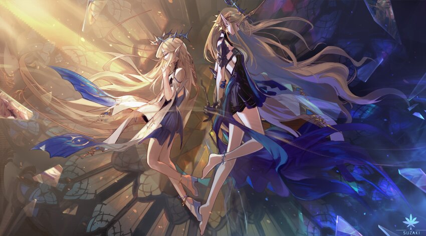 2girls absurdres artist_logo bare_legs bare_shoulders barefoot black_dress blonde_hair blue_hair breasts broken_glass cartethyia_(wuthering_waves) closed_eyes closed_mouth colored_inner_hair commentary crown_of_thorns dress dual_persona earrings english_commentary fleurdelys_(wuthering_waves) floating_earrings from_side glass highres jewelry large_breasts legs logo long_hair multicolored_hair multiple_girls own_hands_clasped own_hands_together pointy_ears split_theme steve_zheng tabard thighs very_long_hair white_tabard wuthering_waves