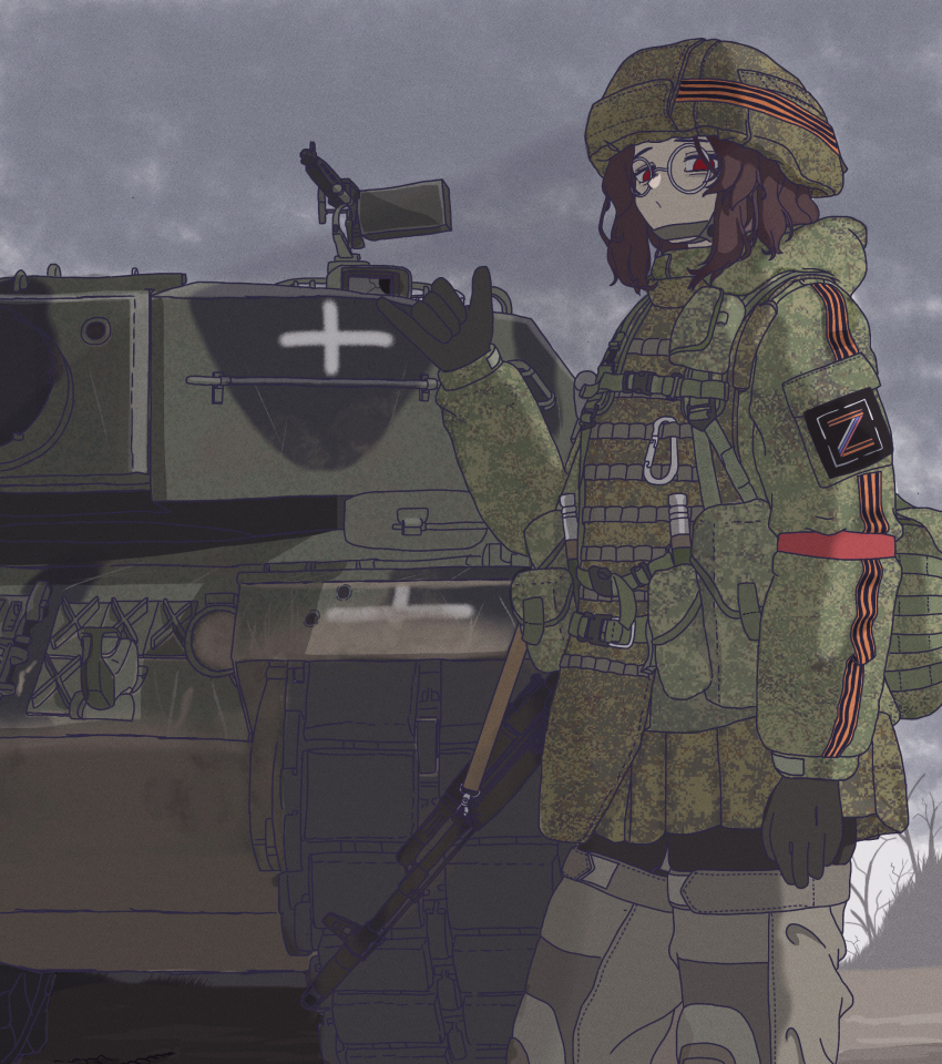 1girl ak-74 ammunition_pouch armband assault_rifle b1-517 black_gloves body_armor brown_hair bulletproof_vest camouflage caterpillar_tracks combat_helmet digital_camouflage gloves gun helmet highres kalashnikov_rifle leopard_2 load_bearing_equipment load_bearing_vest looking_at_viewer medium_hair military military_combat_uniform military_uniform military_vehicle motor_vehicle original pouch red_armband red_eyes ribbon_of_saint_george rifle round_eyewear russia russian_ground_forces russo-ukrainian_war shaka_sign sidelocks soldier sophie_rudakova tank tank_turret weapon z_(russian_symbol)