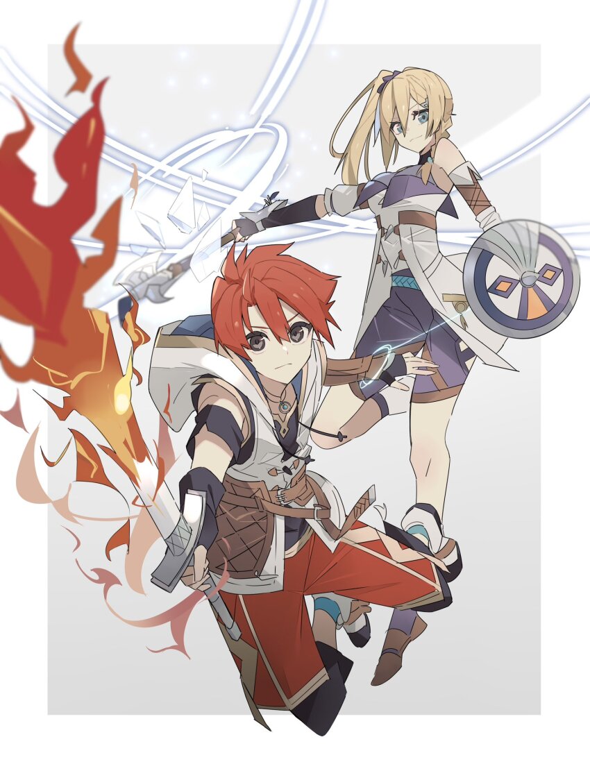 1boy 1girl adol_christin armor axe bare_shoulders battle_axe blonde_hair blue_eyes brown_eyes buckler curtained_hair double-parted_bangs fire flaming_sword flaming_weapon george_man gloves hair_between_eyes highres holding holding_axe holding_shield hood hoodie jewelry karja_balta looking_at_viewer pendant red_hair shield short_hair side_ponytail simple_background spiked_hair sword two-tone_background weapon white_background ys ys_x:_nordics