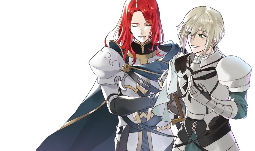 2boys bedivere_(fate) bishounen cape closed_eyes cowboy_shot failnaught_(fate) fate/grand_order fate_(series) fur-trimmed_cape fur_trim highres knight long_hair male_focus multiple_boys potato_goril red_hair smile tristan_(fate)